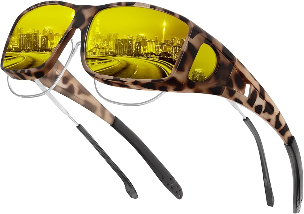 KALIYADI Night-Vision-Glasses Fit-Over-Glasses Wrap-Around Glasses: Anti Glare Night Driving Glasses for men women HD Lens KAS105-19