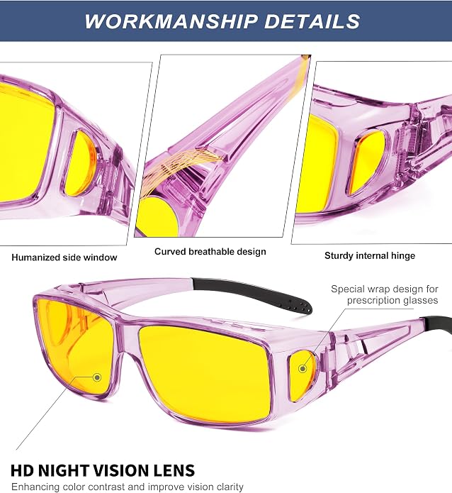 KALIYADI Night-Vision-Glasses Fit-Over-Glasses Wrap-Around Glasses: Anti Glare Night Driving Glasses for men women HD Lens KAS105-16
