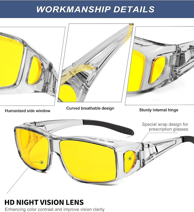 KALIYADI Night-Vision-Glasses Fit-Over-Glasses Wrap-Around Glasses: Anti Glare Night Driving Glasses for men women HD Lens KAS105-12-13-16