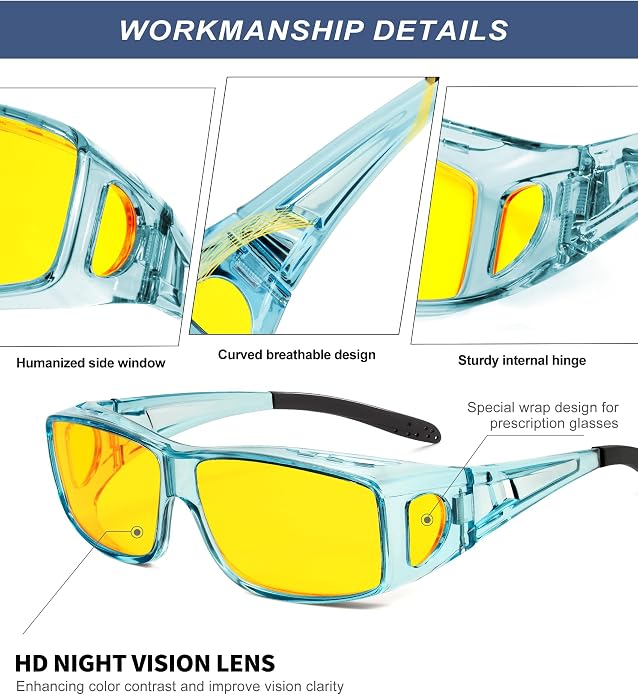 KALIYADI Night-Vision-Glasses Fit-Over-Glasses Wrap-Around Glasses: Anti Glare Night Driving Glasses for men women HD Lens KAS105-12-13-17
