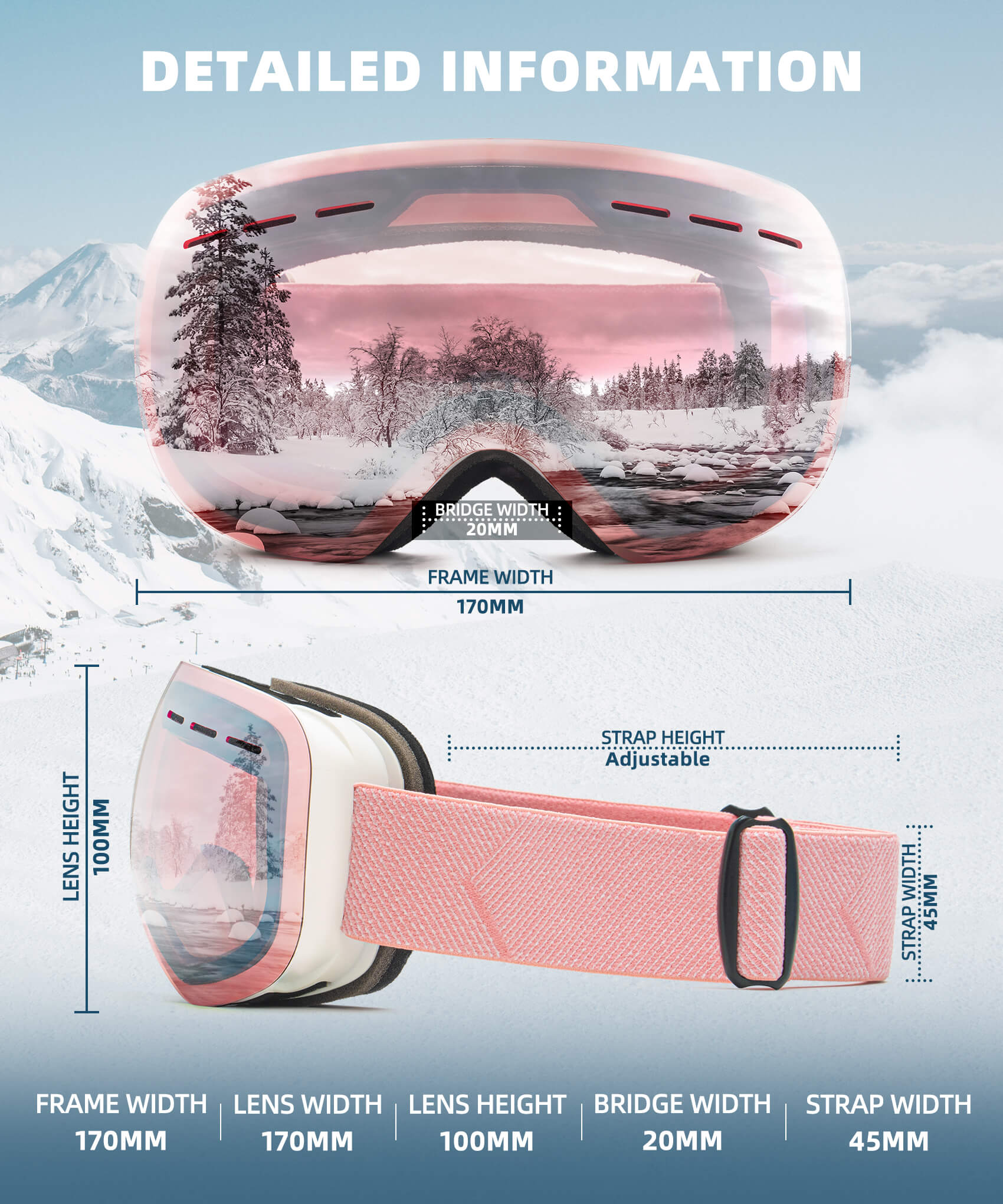 KALIYADI Ski Goggles for Men Women Youth, OTG Snow Goggles with Anti Fog and UV Protection Over Glasses Vlt 10% (Clear Pink) WMKAX01-7