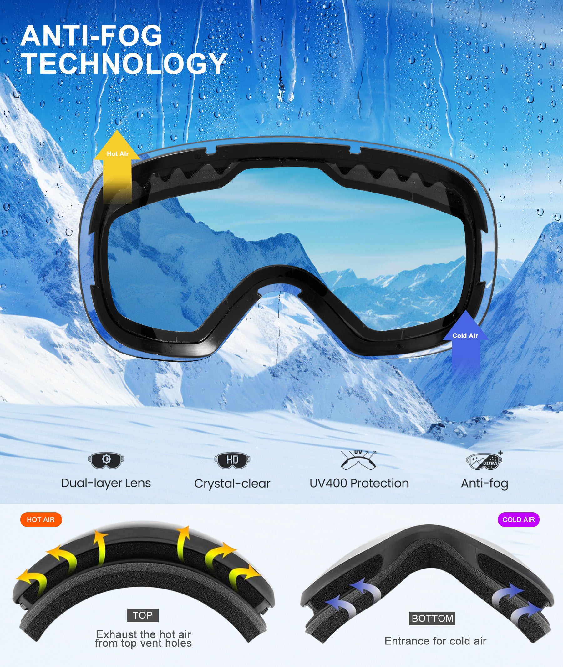 KALIYADI Ski Goggles for Men Women Youth, OTG Snow Goggles with Anti Fog and UV Protection Over Glasses Vlt 10% (Clear Pink) WMKAX01-7