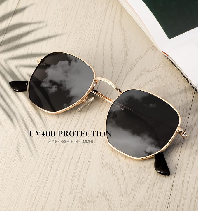 KALIYADI Sunglasses for Women and Men, Polarized Square UV Protection, Trendy Metal Frame Hexagon Sunglasses S41-2