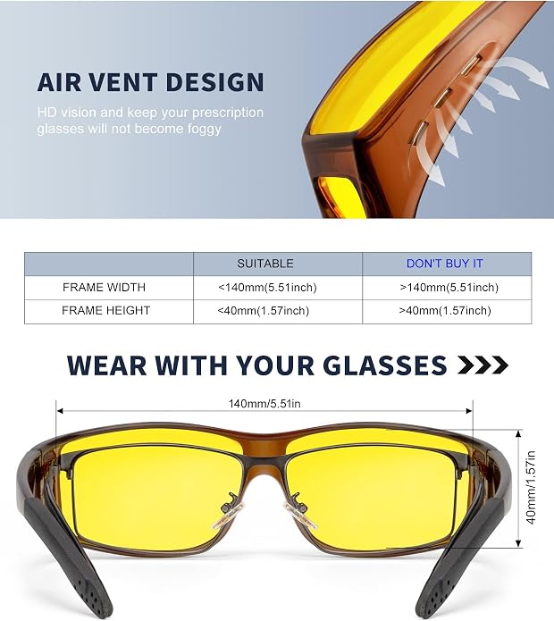 KALIYADI Night-Vision-Glasses Fit-Over-Glasses Wrap-Around Glasses: Anti Glare Night Driving Glasses for men women HD Lens S105-12-14-18