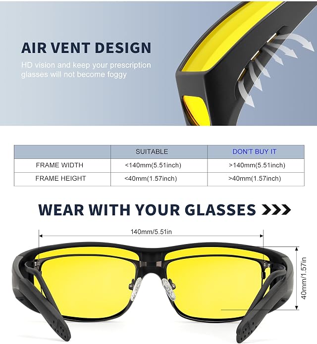 KALIYADI Night-Vision-Glasses Fit-Over-Glasses Wrap-Around Glasses: Anti Glare Night Driving Glasses for men women HD Lens KAS105-13