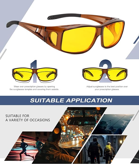 KALIYADI Night-Vision-Glasses Fit-Over-Glasses Wrap-Around Glasses: Anti Glare Night Driving Glasses for men women HD Lens S105-12-14-18