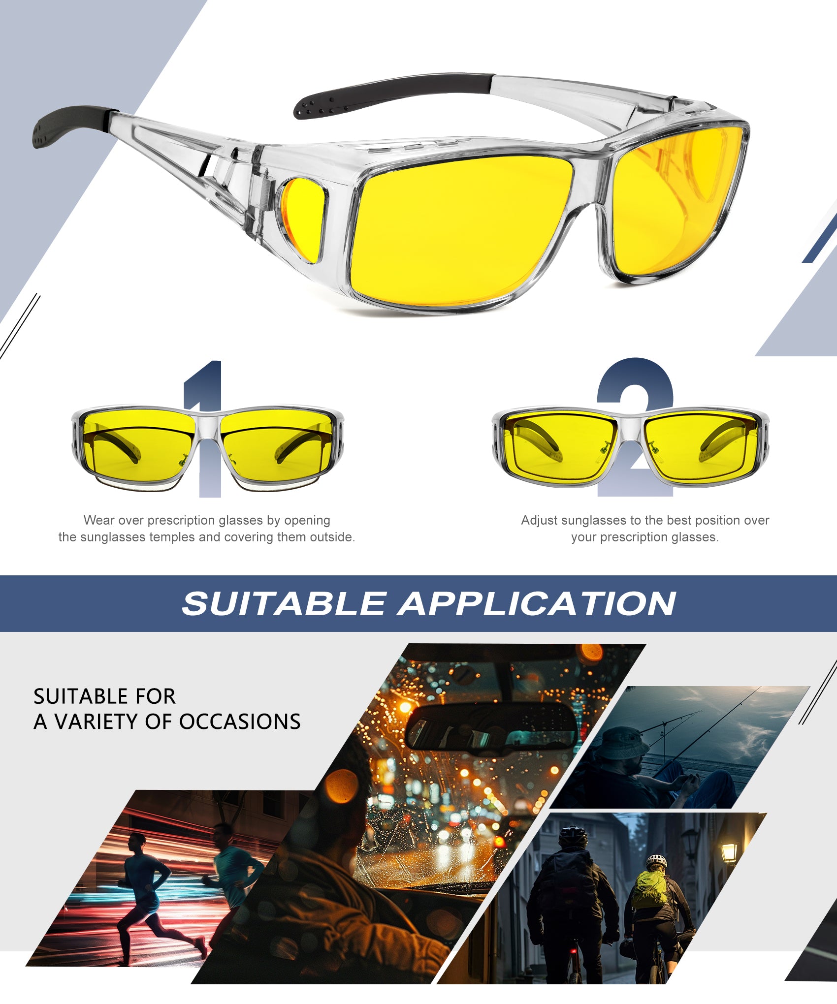 KALIYADI Night-Vision-Glasses Fit-Over-Glasses Wrap-Around Glasses: Night Vision Glasses Anti Glare HD for Driving WMKAS105-12-13-14