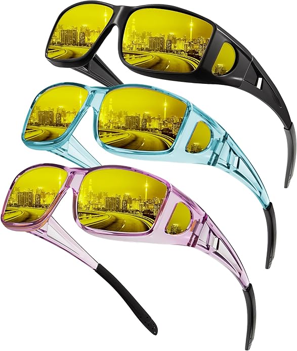 KALIYADI Night-Vision-Glasses Fit-Over-Glasses Wrap-Around Glasses: Anti Glare Night Driving Glasses for men women HD Lens S105-14-16-17