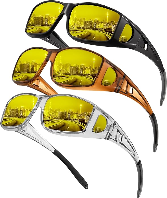 KALIYADI Night-Vision-Glasses Fit-Over-Glasses Wrap-Around Glasses: Anti Glare Night Driving Glasses for men women HD Lens S105-12-14-18