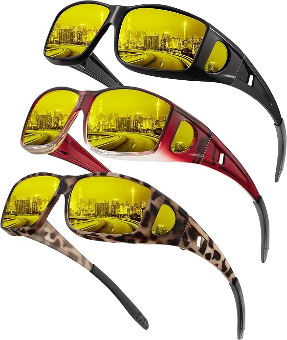 KALIYADI Night-Vision-Glasses Fit-Over-Glasses Wrap-Around Glasses: Anti Glare Night Driving Glasses for men women HD Lens S105-14-15-19