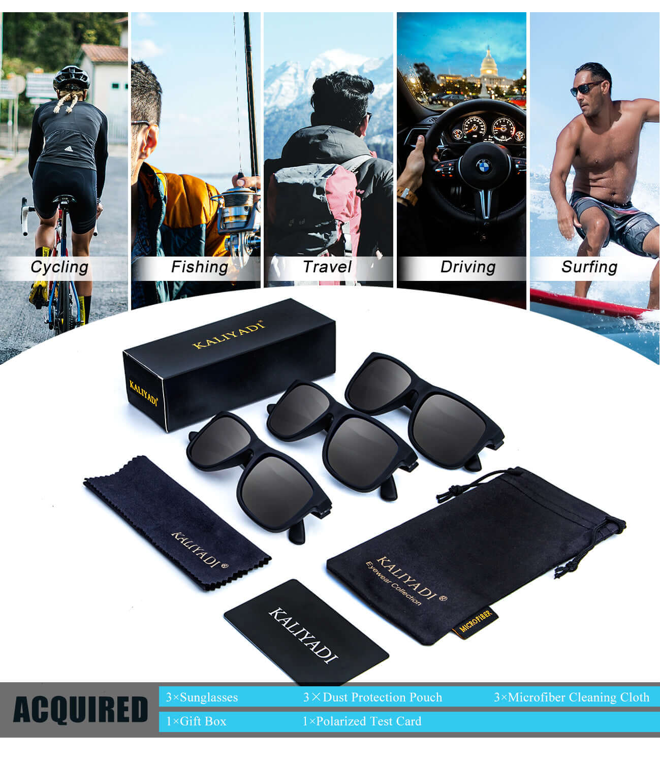 KALIYADI Sunglasses Men Polarized Sun glasses for Mens Womens Classic Matte Black Frame UV Protection 3pack S65-1-1-1