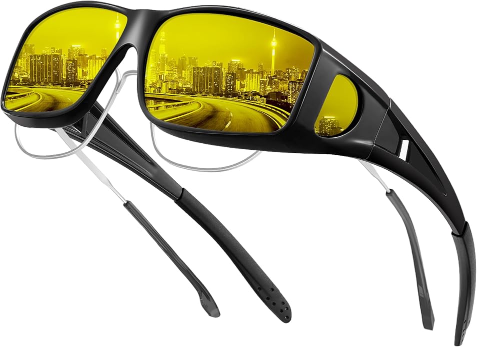 KALIYADI Night-Vision-Glasses Fit-Over-Glasses Wrap-Around Glasses: Anti Glare Night Driving Glasses for men women HD Lens KAS105-14