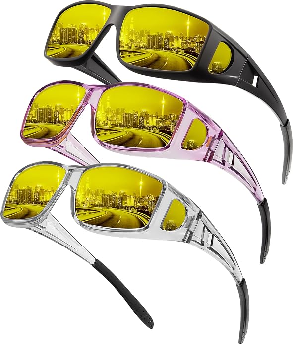 KALIYADI Night-Vision-Glasses Fit-Over-Glasses Wrap-Around Glasses: Anti Glare Night Driving Glasses for men women HD Lens KAS105-12-13-16