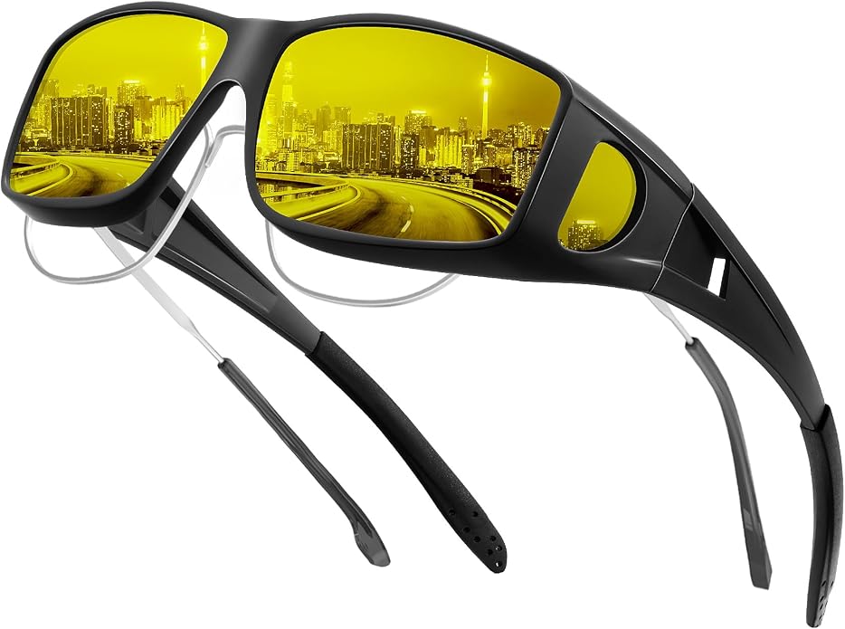 KALIYADI Night-Vision-Glasses Fit-Over-Glasses Wrap-Around Glasses: Anti Glare Night Driving Glasses for men women HD Lens KAS105-13