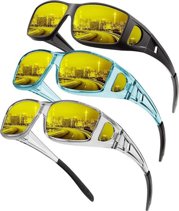 KALIYADI Night-Vision-Glasses Fit-Over-Glasses Wrap-Around Glasses: Anti Glare Night Driving Glasses for men women HD Lens KAS105-12-13-17