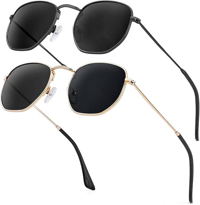 KALIYADI Sunglasses for Women and Men, Polarized Square UV Protection, Trendy Metal Frame Hexagon Sunglasses S41-1-2