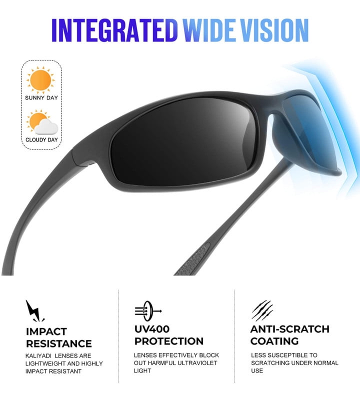 KALIYADI Mens-Sunglasses Polarized Sunglasses-Men Sports: Sport Sun Glasses for Running Cycling Fishing with UV Protection(WMKAS90-1-1-1)