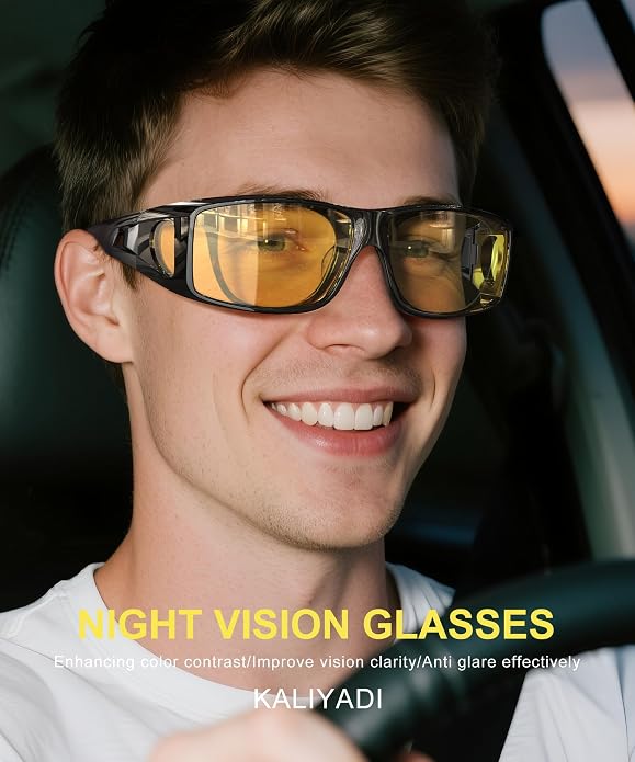 KALIYADI Night-Vision-Glasses Fit-Over-Glasses Wrap-Around Glasses: Anti Glare Night Driving Glasses for men women HD Lens KAS105-14