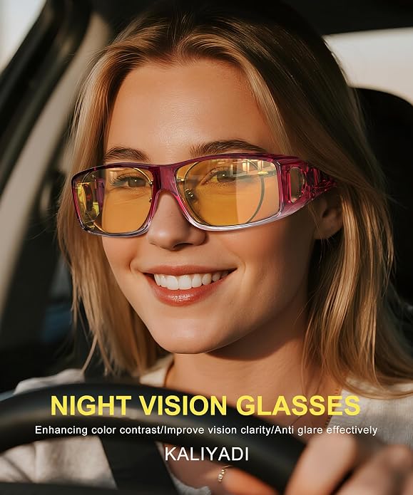 KALIYADI Night-Vision-Glasses Fit-Over-Glasses Wrap-Around Glasses: Anti Glare Night Driving Glasses for men women HD Lens KAS105-19