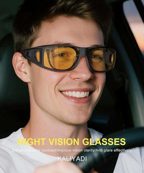 KALIYADI Night-Vision-Glasses Fit-Over-Glasses Wrap-Around Glasses: Anti Glare Night Driving Glasses for men women HD Lens KAS105-13