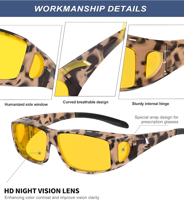 KALIYADI Night-Vision-Glasses Fit-Over-Glasses Wrap-Around Glasses: Anti Glare Night Driving Glasses for men women HD Lens KAS105-19