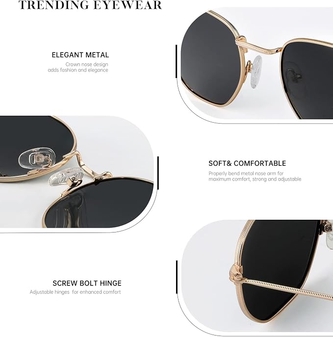 KALIYADI Sunglasses for Women and Men, Polarized Square UV Protection, Trendy Metal Frame Hexagon Sunglasses S41-1-2