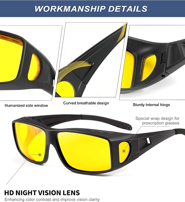 KALIYADI Night-Vision-Glasses Fit-Over-Glasses Wrap-Around Glasses: Anti Glare Night Driving Glasses for men women HD Lens KAS105-13