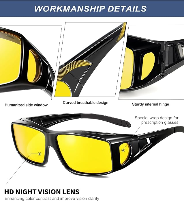 KALIYADI Night-Vision-Glasses Fit-Over-Glasses Wrap-Around Glasses: Anti Glare Night Driving Glasses for men women HD Lens S105-14-15-19