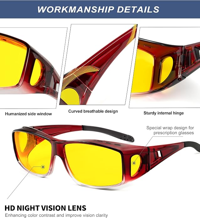 KALIYADI Night-Vision-Glasses Fit-Over-Glasses Wrap-Around Glasses: Anti Glare Night Driving Glasses for men women HD Lens KAS105-15