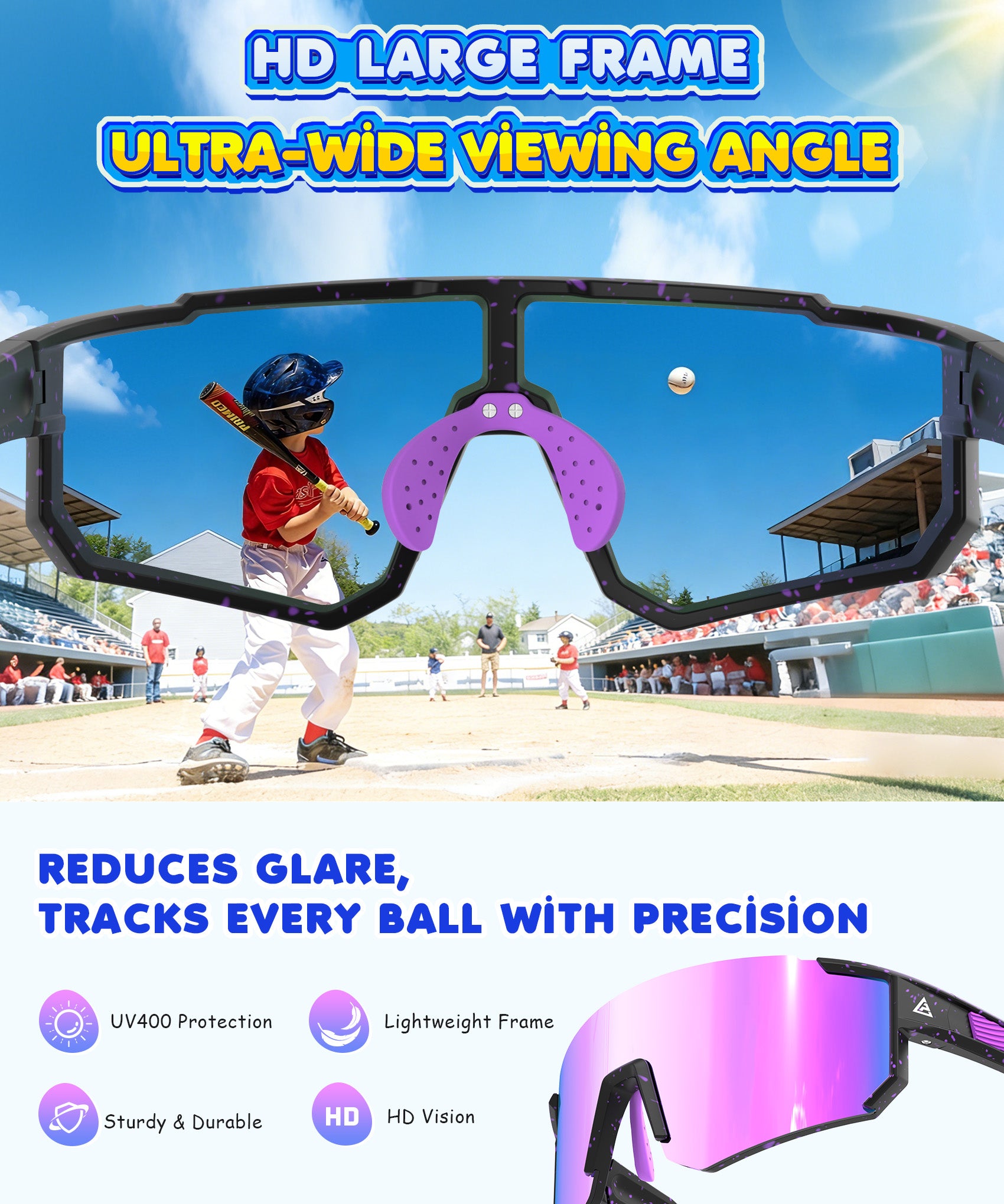Kids-Sunglasses Toddler-Sunglasses Baseball Running UV400 Protection Age 6-14 (S228-1-4-10)