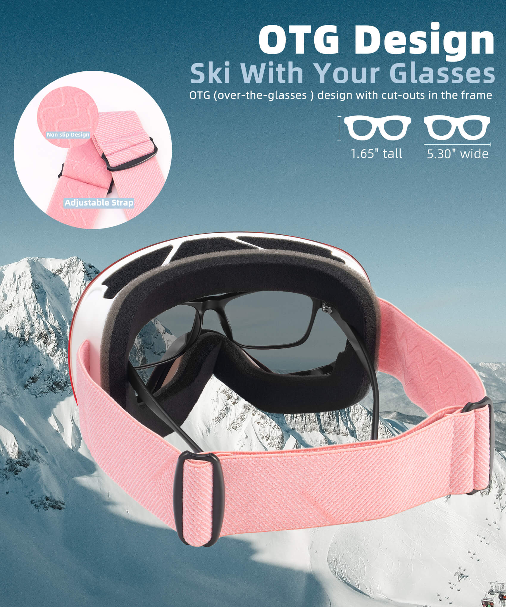 KALIYADI Ski Goggles for Men Women Youth, OTG Snow Goggles with Anti Fog and UV Protection Over Glasses Vlt 10% (Clear Pink)  WMKAX01-7