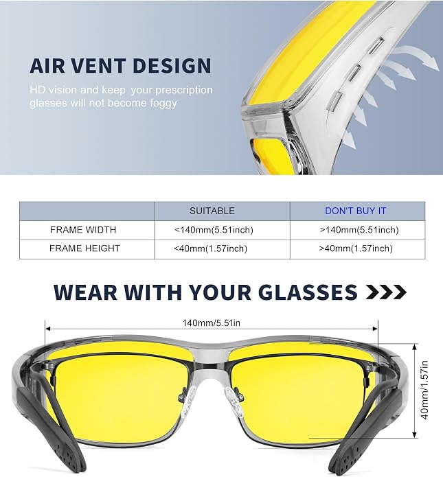 KALIYADI Night-Vision-Glasses Fit-Over-Glasses Wrap-Around Glasses: Anti Glare Night Driving Glasses for men women HD Lens KAS105-12-13-16