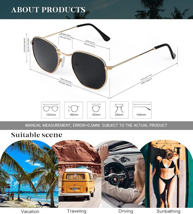 KALIYADI Sunglasses for Women and Men, Polarized Square UV Protection, Trendy Metal Frame Hexagon Sunglasses S41-2