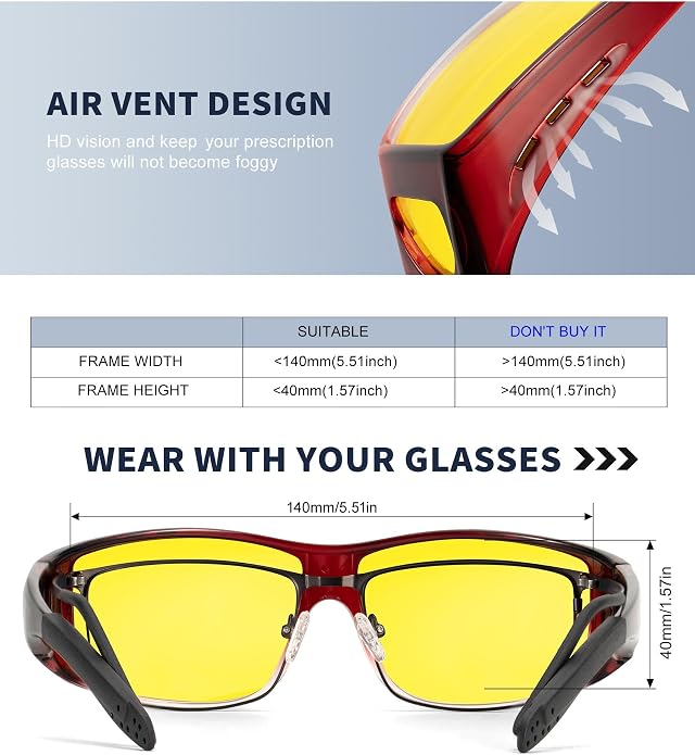 KALIYADI Night-Vision-Glasses Fit-Over-Glasses Wrap-Around Glasses: Anti Glare Night Driving Glasses for men women HD Lens KAS105-15