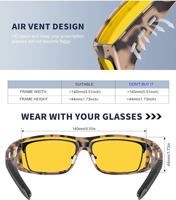 KALIYADI Night-Vision-Glasses Fit-Over-Glasses Wrap-Around Glasses: Anti Glare Night Driving Glasses for men women HD Lens KAS105-19