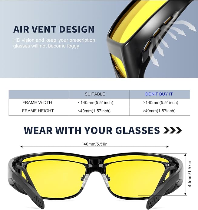 KALIYADI Night-Vision-Glasses Fit-Over-Glasses Wrap-Around Glasses: Anti Glare Night Driving Glasses for men women HD Lens KAS105-12-13-17