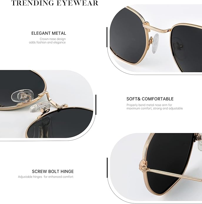KALIYADI Sunglasses for Women and Men, Polarized Square UV Protection, Trendy Metal Frame Hexagon Sunglasses S41-1-2