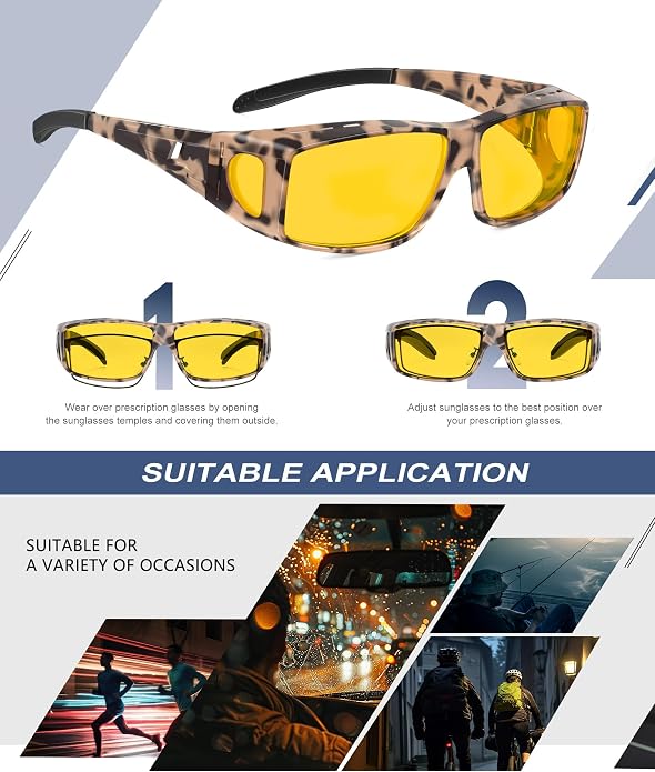 KALIYADI Night-Vision-Glasses Fit-Over-Glasses Wrap-Around Glasses: Anti Glare Night Driving Glasses for men women HD Lens KAS105-19
