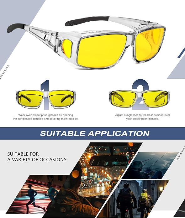 KALIYADI Night-Vision-Glasses Fit-Over-Glasses Wrap-Around Glasses: Anti Glare Night Driving Glasses for men women HD Lens KAS105-12-13-16