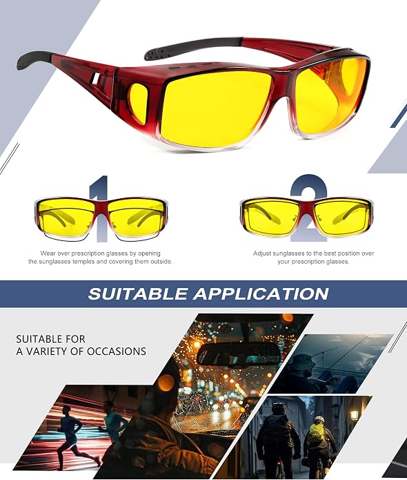 KALIYADI Night-Vision-Glasses Fit-Over-Glasses Wrap-Around Glasses: Anti Glare Night Driving Glasses for men women HD Lens KAS105-15