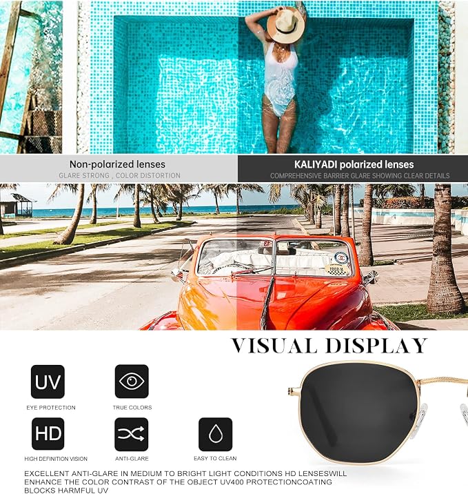 KALIYADI Sunglasses for Women and Men, Polarized Square UV Protection, Trendy Metal Frame Hexagon Sunglasses S41-1-2