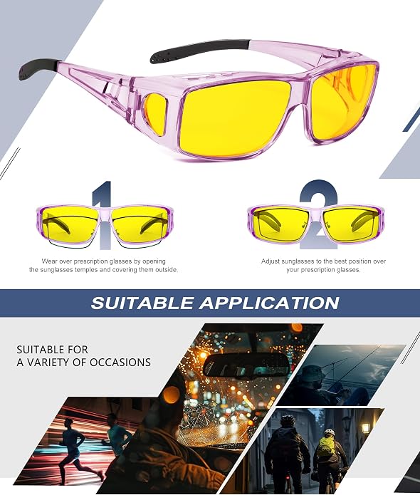 KALIYADI Night-Vision-Glasses Fit-Over-Glasses Wrap-Around Glasses: Anti Glare Night Driving Glasses for men women HD Lens KAS105-16