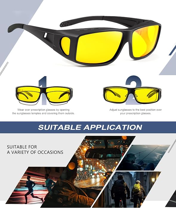 KALIYADI Night-Vision-Glasses Fit-Over-Glasses Wrap-Around Glasses: Anti Glare Night Driving Glasses for men women HD Lens KAS105-13