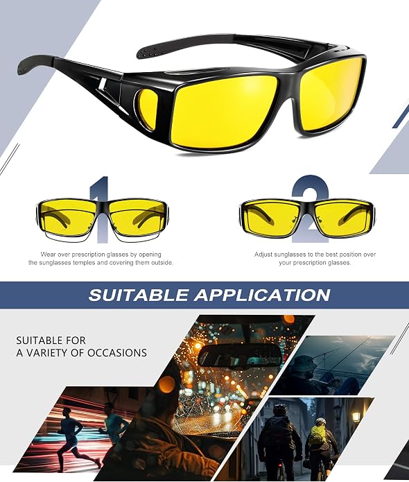 KALIYADI Night-Vision-Glasses Fit-Over-Glasses Wrap-Around Glasses: Anti Glare Night Driving Glasses for men women HD Lens KAS105-12-13-17