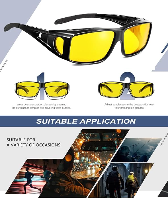 KALIYADI Night-Vision-Glasses Fit-Over-Glasses Wrap-Around Glasses: Anti Glare Night Driving Glasses for men women HD Lens KAS105-14