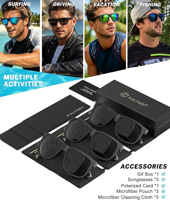KALIYADI Sunglasses Men Polarized Sun glasses for Mens Womens Classic Matte Black Frame UV Protection 3pack S65-1-1-1