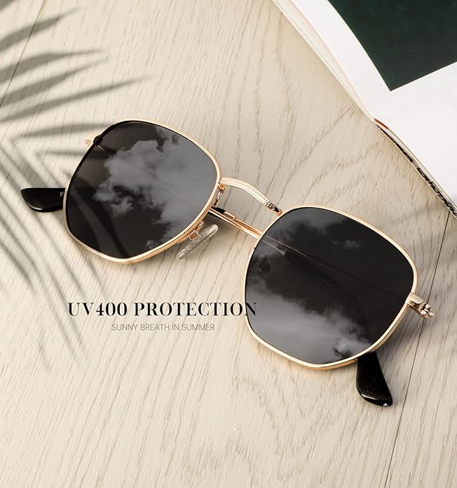 KALIYADI Sunglasses for Women and Men, Polarized Square UV Protection, Trendy Metal Frame Hexagon Sunglasses S41-1-2