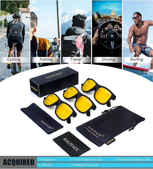 KALIYADI Sunglasses Men Polarized Sun glasses for Mens Womens Classic Matte Black Frame UV Protection 3pack S65-19-19-19