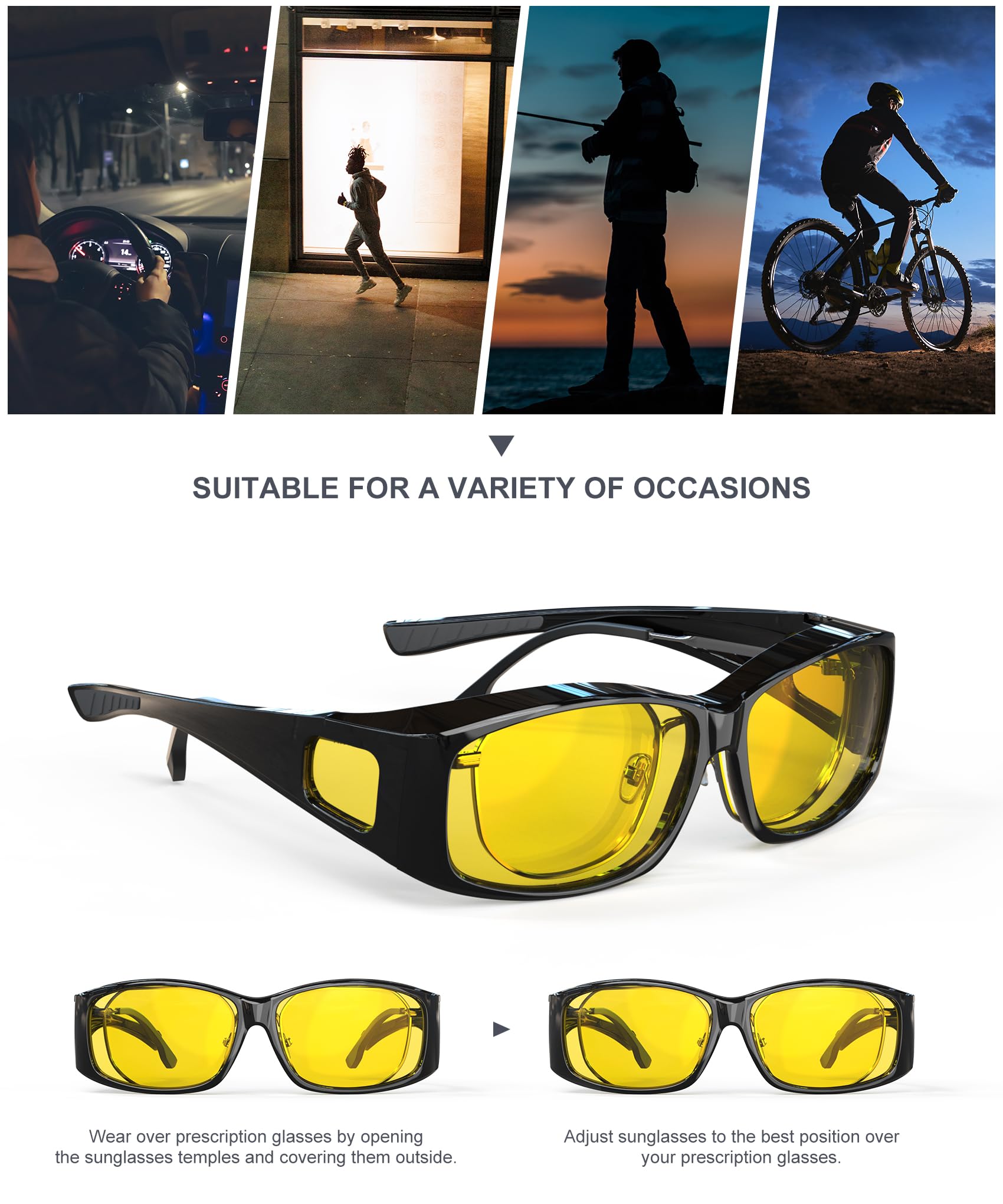 KALIYADI Fit-Over Night-Vision-Glasses for Women: Striped Anti Glare Night Driving Glasses for Men High Definition Lens(WMKA238-9)