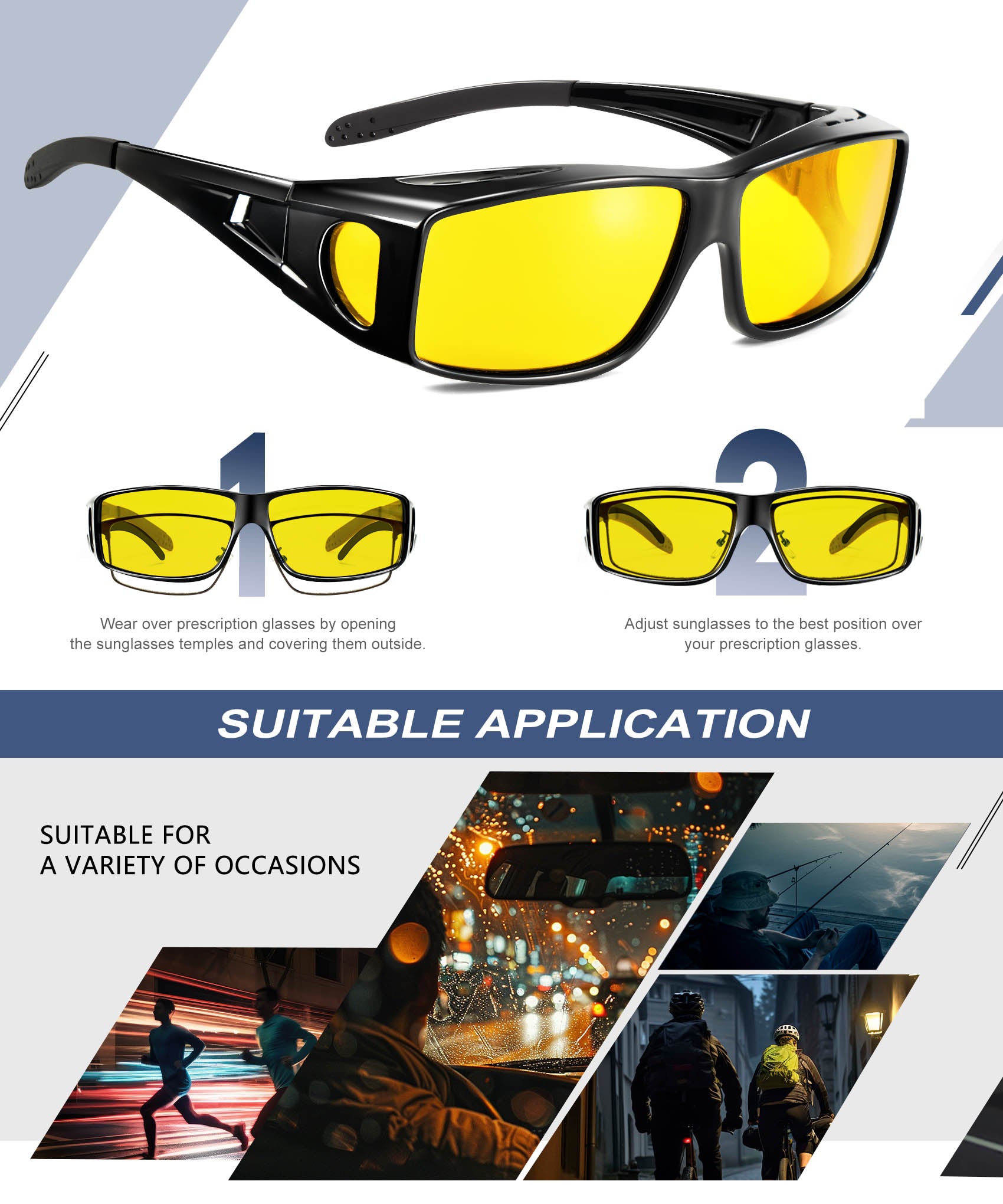 KALIYADI Night-Vision-Glasses Fit-Over-Glasses Wrap-Around Glasses: Night Vision Glasses Anti Glare HD for Driving WMKAS105-12-13-14